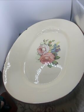 Cream Oval Serving Platter with Pink Rose Floral Center